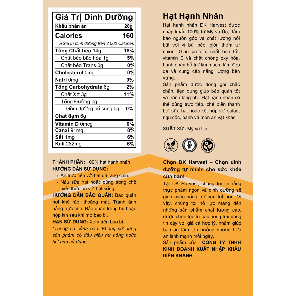 Ảnh Hạnh Nhân Rang Mộc DK Harvest 500g - Nhập Khẩu Mỹ | Giàu Vitamin E, Tốt Cho Tim Mạch 1
