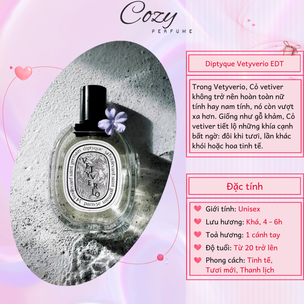 Nước hoa unisex Diptyque Vetyverio EDT Chiết 5ml/10ml Hương thơm Sang trọng Nhẹ nhàng - Cozy Perfume