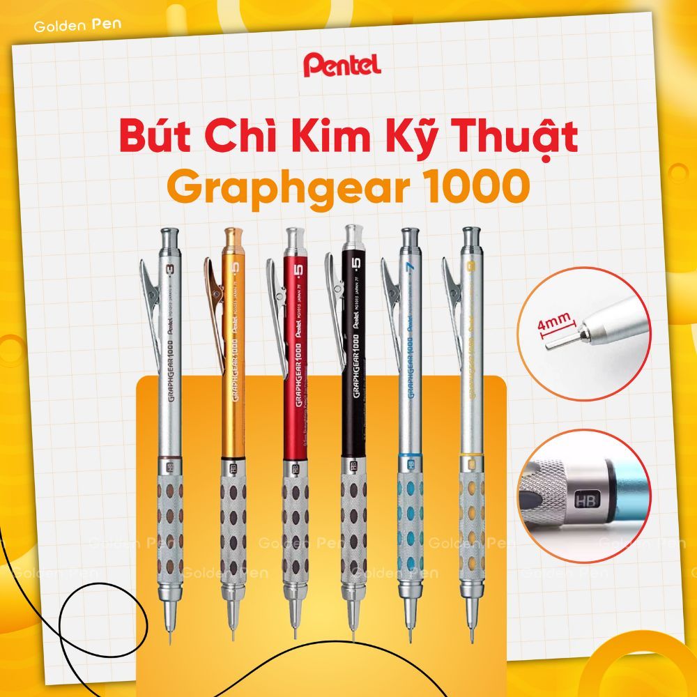 Ảnh Bút Chì Cơ Khí Pentel Graphgrear 1000 – Thân Kim Loại Inox, Nét Chuẩn Xác – Bút Chì Bấm Ngòi 0.5mm 1