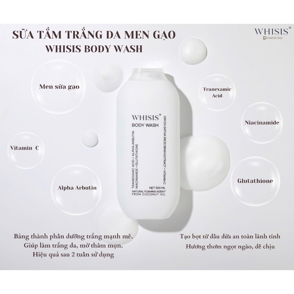 Ảnh Sữa Tắm Trắng Da Men Gạo WHISIS BODY WASH dung tích 500ml tạo bọt từ dầu dừa 1