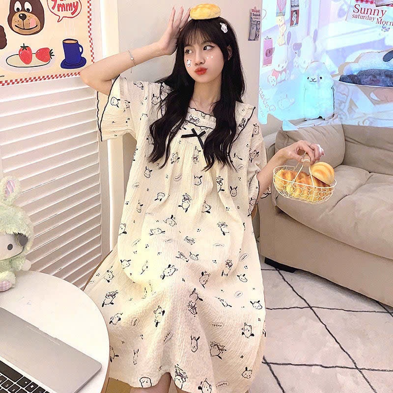 MEIQUIYI Đầm ngủ nữ tay bèo in hoạ tiết Cinnamonrols/ Sanrio váy ngủ dáng xuông