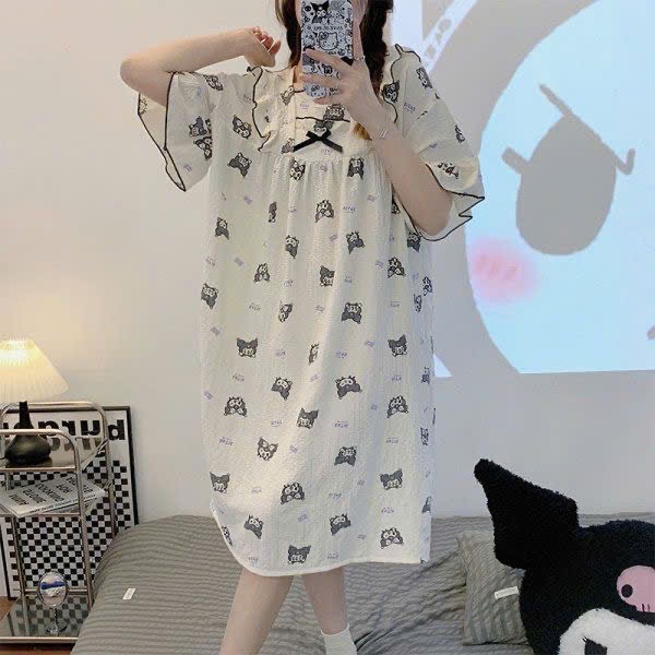 MEIQUIYI Đầm ngủ nữ tay bèo in hoạ tiết Cinnamonrols/ Sanrio váy ngủ dáng xuông