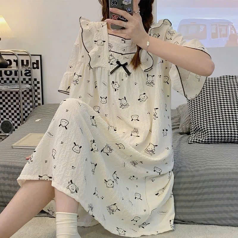 MEIQUIYI Đầm ngủ nữ tay bèo in hoạ tiết Cinnamonrols/ Sanrio váy ngủ dáng xuông