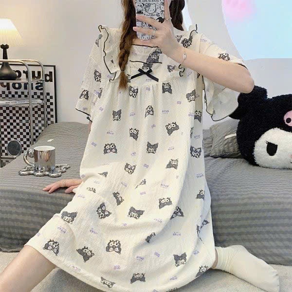 MEIQUIYI Đầm ngủ nữ tay bèo in hoạ tiết Cinnamonrols/ Sanrio váy ngủ dáng xuông