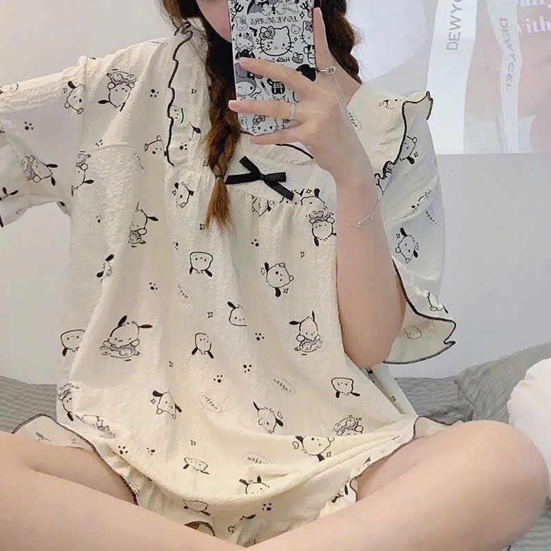 MEIQUIYI Bộ đồ nữ tay ngắn tay bèo thắt nơ hoạ tiết Sanrio/Cinnamonrol