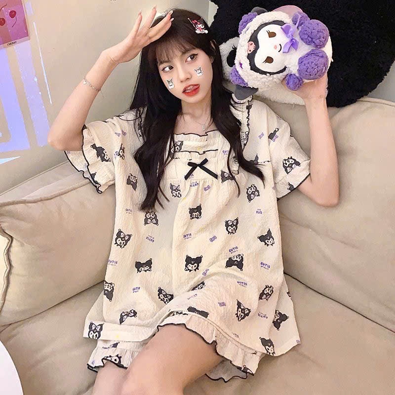 MEIQUIYI Bộ đồ nữ tay ngắn tay bèo thắt nơ hoạ tiết Sanrio/Cinnamonrol