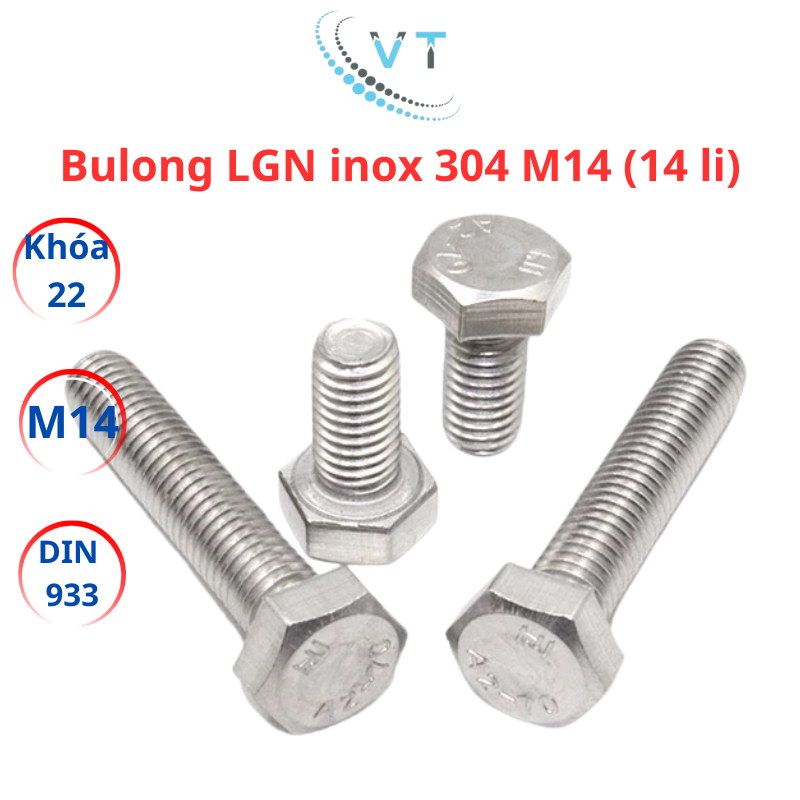 Bulong Đầu Lục Giác Inox 304 DIN933 M14 (dài từ 30mm-200mm)