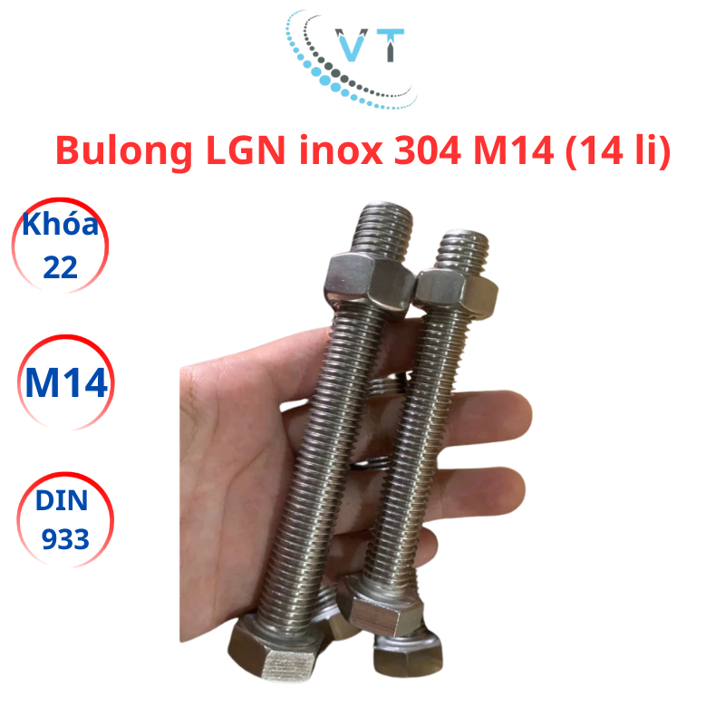 Bulong inox 304 M14 (14 li) (25-100mm). Set 2 bộ (bulong + tán)