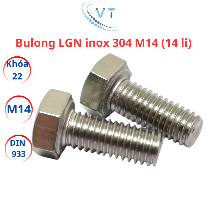 Bulong inox 304 M14 (14 li) (25-100mm). Set 2 bộ (bulong + tán)