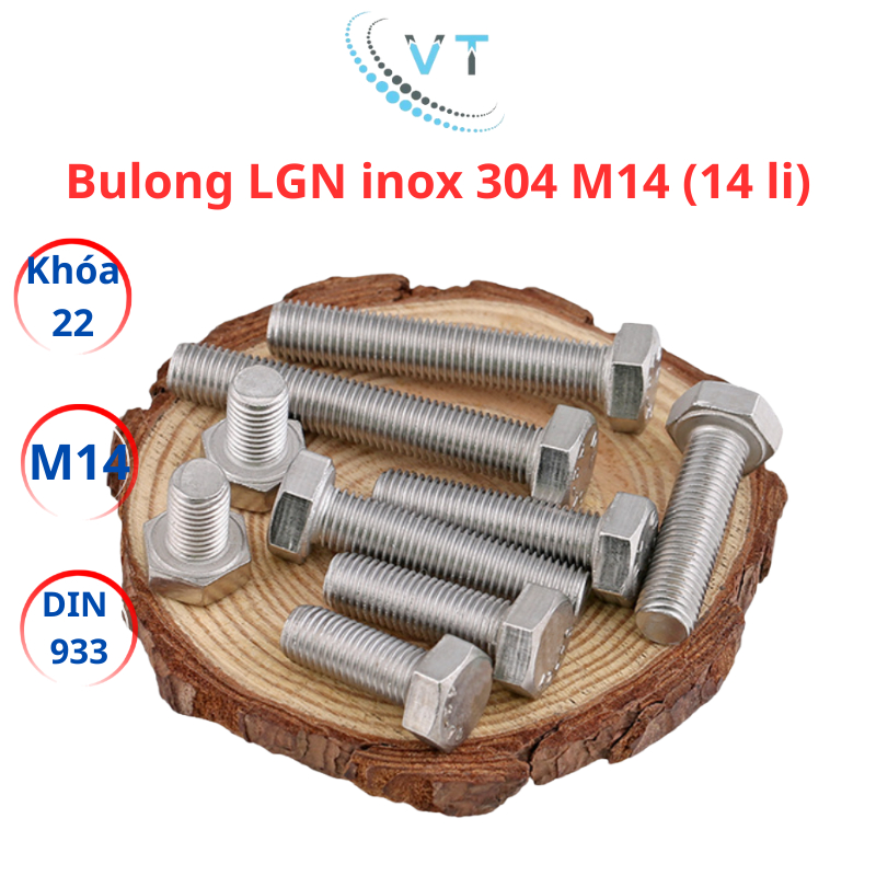 Bulong inox 304 M14 (14 li) (25-100mm). Set 2 bộ (bulong + tán)