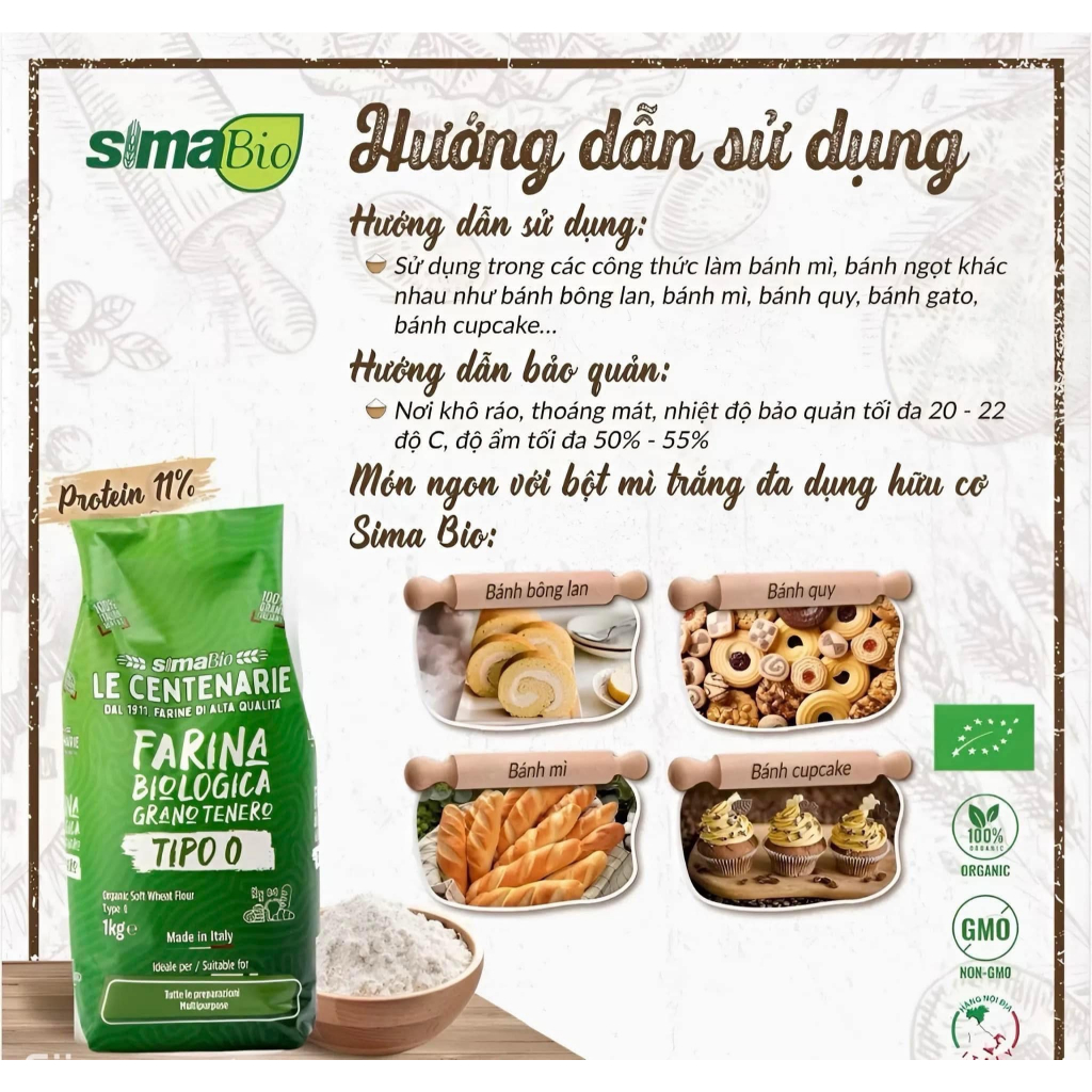 Bột mì hữu cơ Sima Le Centenarie Organic Wheat Flour_Manitoba/ đa dụng/ nguyên cám/ pizza