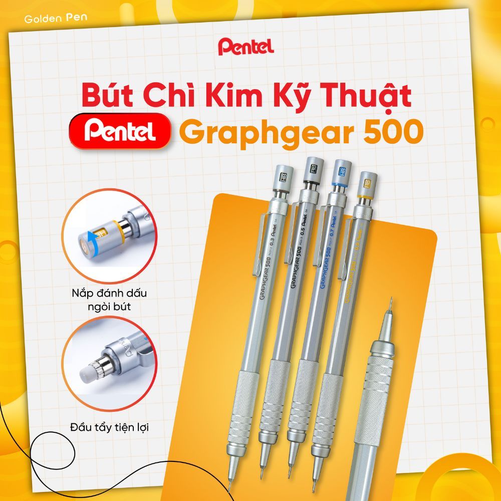 Ảnh Bút Chì Cơ Khí Pentel PG500 – Bút Chì Bấm Kỹ Thuật 0.3/0.5/0.7mm, Thân Kim Loại, Nét Chuẩn 1