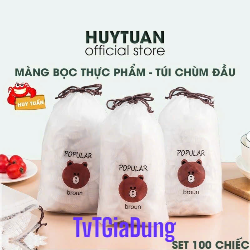 Túi 100 Chiếc Màng Bọc Thực Phẩm Co Giãn Siêu Dai Có Chun Kèm Túi Gấu Mũ Chùm Đầu Dùng 1 Lần