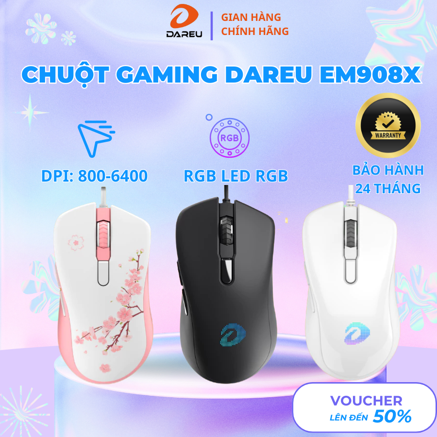 Chuột Gaming DAREU EM908 Pink / Black / White (LED RGB, BRAVO sensor ...
