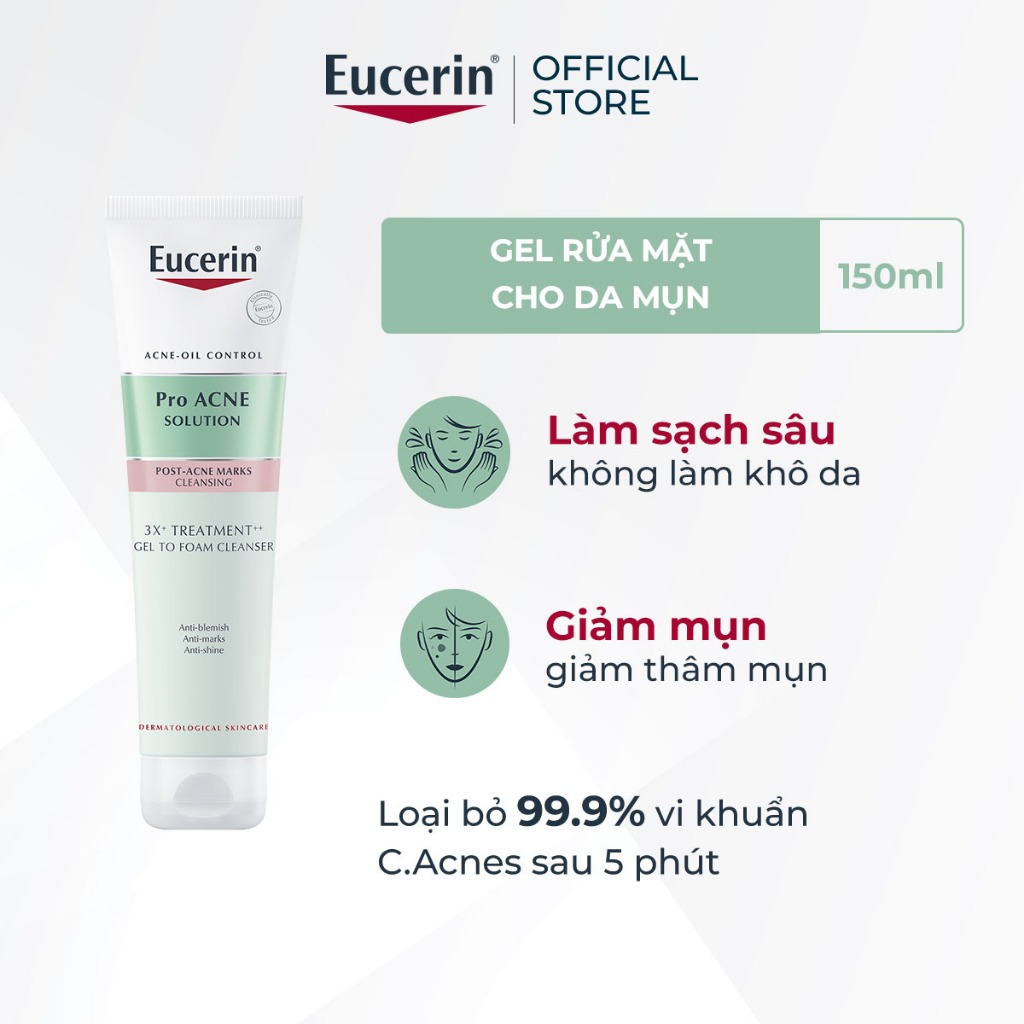 Ảnh Gel rửa mặt cho da mụn Eucerin 3X Treatment Gel To Foam Cleanser 150ml 2