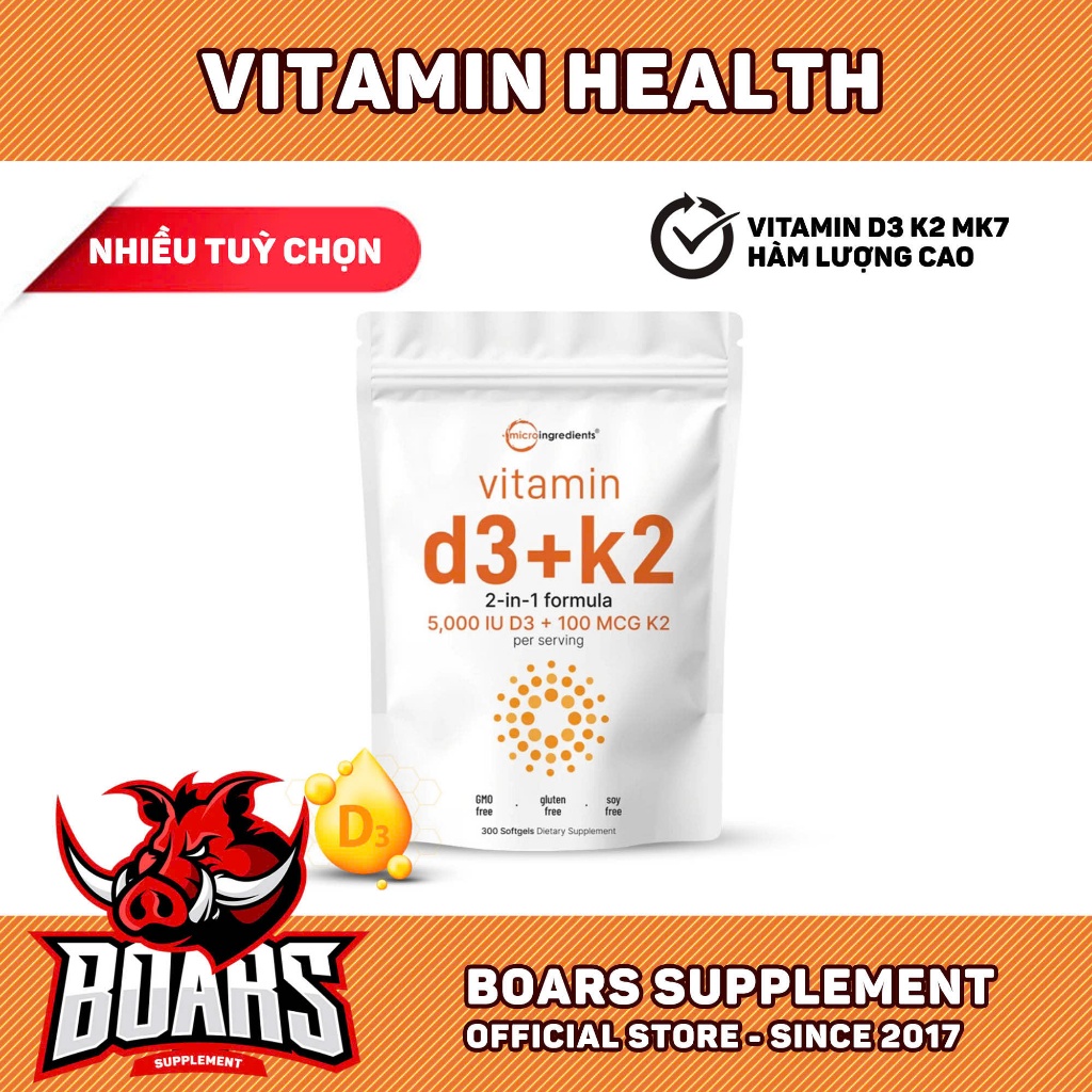 VIÊN UỐNG MICRO INGREDIENTS VITAMIN D3 + K2 MK7, TĂNG CƯỜNG SỨC KHỎE