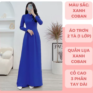 Áo dài trơn, áo dài đoàn XANH COBAN LỤA MỸ cao cấp cổ cao áo dài truyền thống AD06