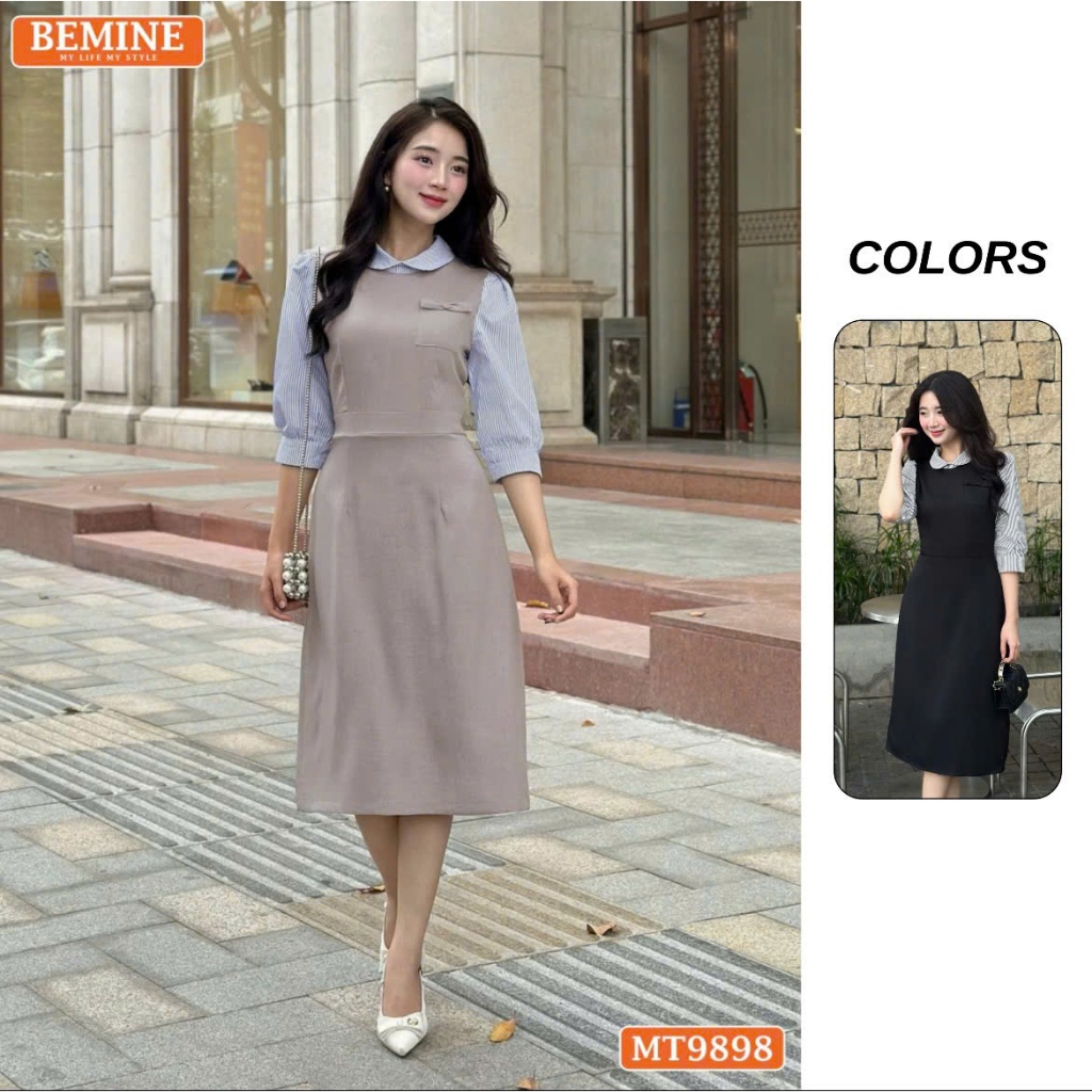 Ảnh Đầm thiết kế BEMINE cổ sen dáng bút chì tay dài phối sọc phù hợp đi làm, đi dạo phố-MT9898 1
