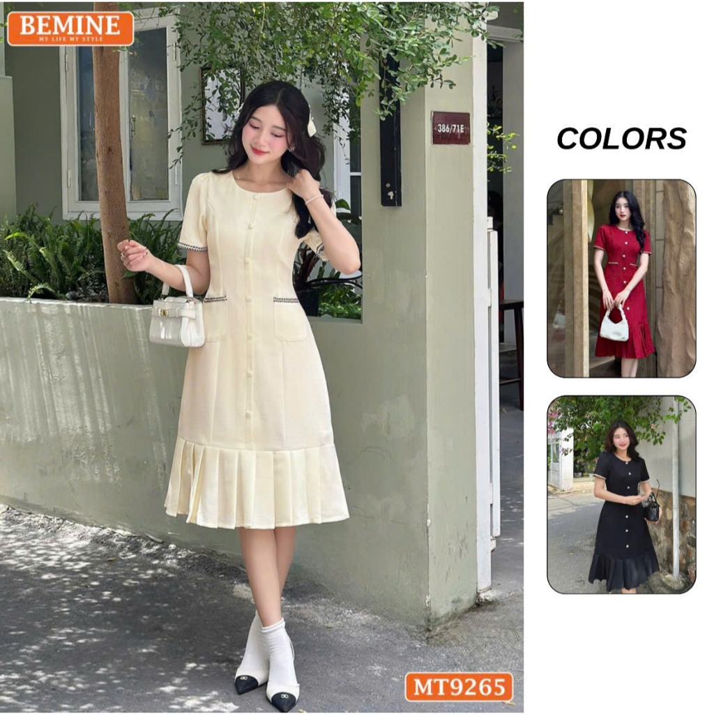 Ảnh Đầm thiết kế cổ tròn đính nút dáng đuôi cá có xếp ly BEMINE MT9265 1