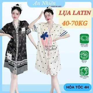 [40-70kg] Đầm váy ngủ BIGSIZE cổ V lụa xước in họa tiết sắc nét dễ thương, vải mềm mịn mát