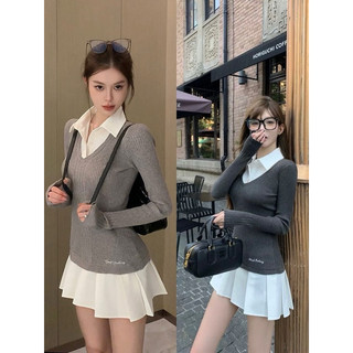 Váy len dệt kim form polo nữ dài tay cổ sơ mi váy ngắn phong cách Hàn Quốc