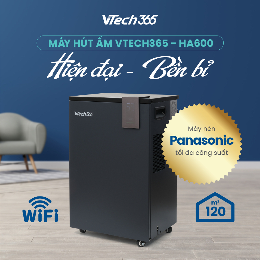 Máy Hút Ẩm Không Khí VTech365 HA600, điều khiển Wifi, công suất lớn, phòng 120m2