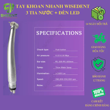 Tay khoan nha khoa - Tay khoan nhanh 3 tia nước + đèn LED - CHÍNH HÃNG WISEDENT