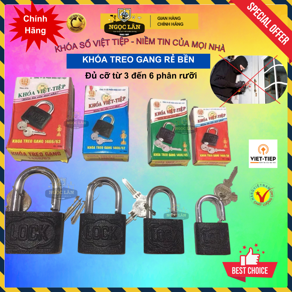 Khóa cửa, khóa gang Việt Tiệp hàng chuẩn cầu 6,7,8,10,12 mm rẻ, an toàn, bền bỉ