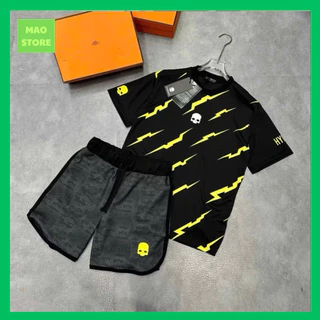 Bộ Đồ Nam Cộc Tay Mặc Hè PB Cotton In Hoạ Tiết Hình Tia Sét Chéo Thân Logo Đầu Lâu .Bộ Cộc Tay Siêu Cấp Dành Cho Boy Phố