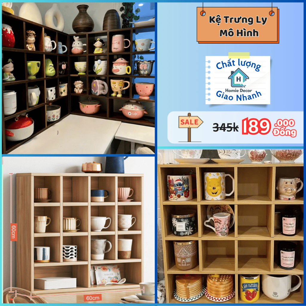 Kệ gỗ trang trí bày ly cốc, trưng bày mô hình, gỗ MDF cao cấp bền đẹp sang trọng - Homie Decor