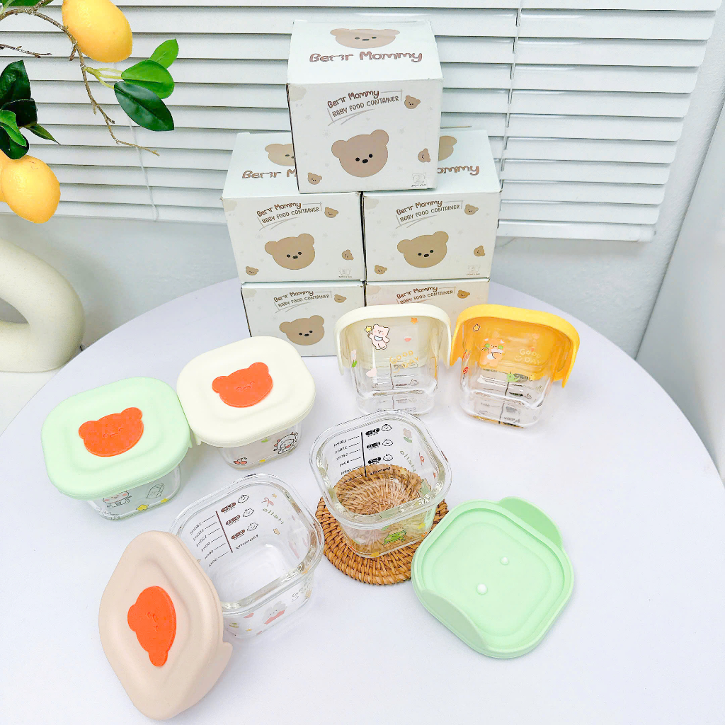 Ảnh Hũ thủy tinh trữ đông đồ ăn dặm cho bé KidAndMom Bear Mommy có nắp đậy slicon,vạch chia ml tiện lợi chứa tới 240ml 3