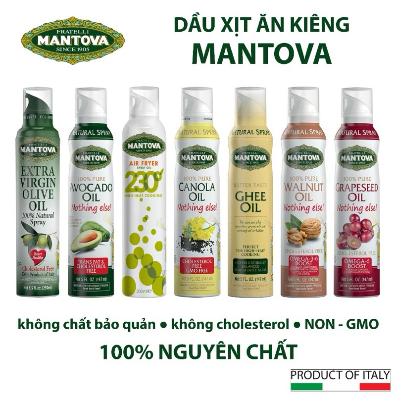 Dầu Ăn Kiêng Dạng Xịt Ít Calo Mantova Oil Spray olive extra virgin, dầu hạt nho, dầu quả bơ, ghee