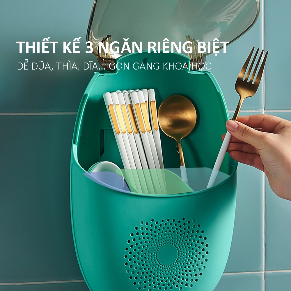 Hộp đựng đũa muỗng treo tường thoáng khí ngăn ẩm mốc có nắp đậy chống bụicôn trùng tích hợp móc treo