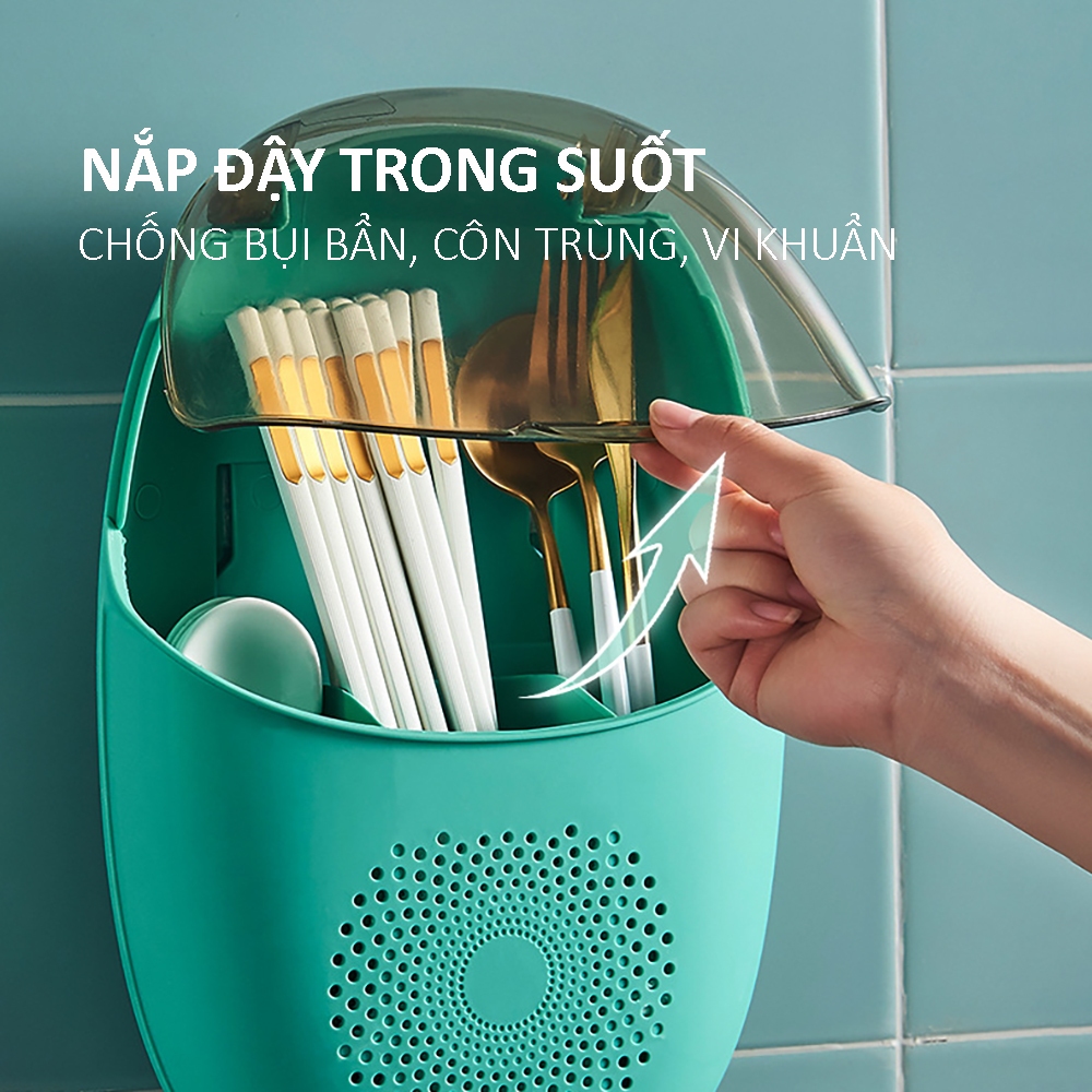 Hộp đựng đũa muỗng treo tường thoáng khí ngăn ẩm mốc có nắp đậy chống bụicôn trùng tích hợp móc treo