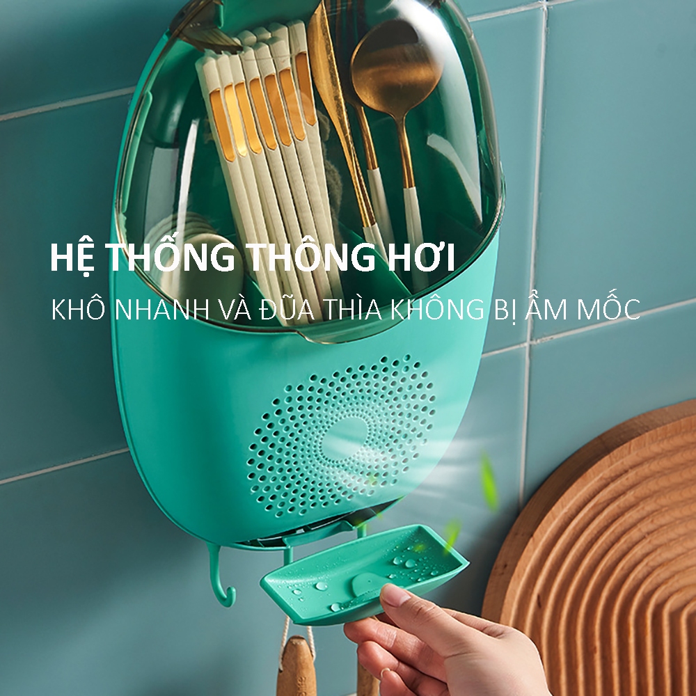 Hộp đựng đũa muỗng treo tường thoáng khí ngăn ẩm mốc có nắp đậy chống bụicôn trùng tích hợp móc treo