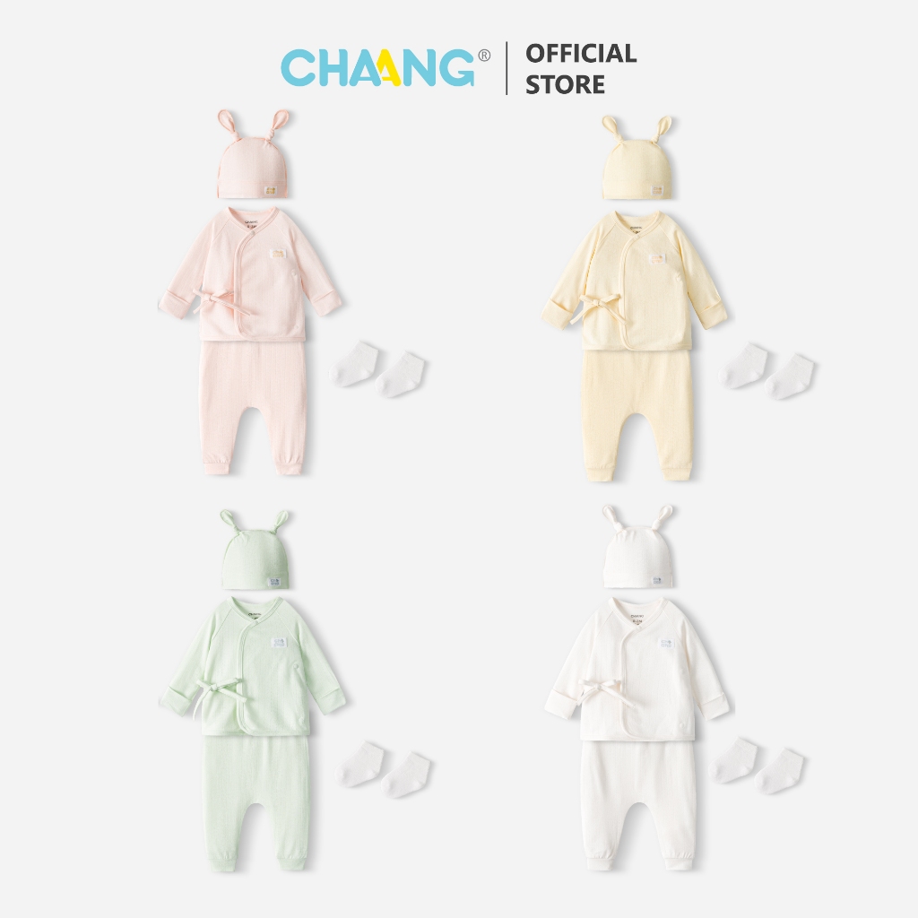 [CHAANG 0-3M] Set bộ dài cúc chéo tích hợp bao tay kèm mũ và tất Bloom cho bé sơ sinh