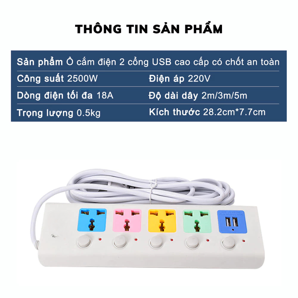 Ổ Cắm Điện Đa Năng GODWELL Chịu Tải 2500W Dây Dài 1.8-4m, Có Cổng USB, Chốt Bấm Chống Giật An Toàn