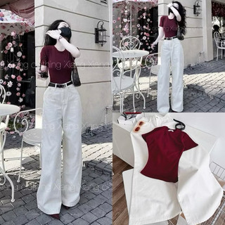 Set bộ áo croptop tăm đỏ mix quần jean ống rộng trắng