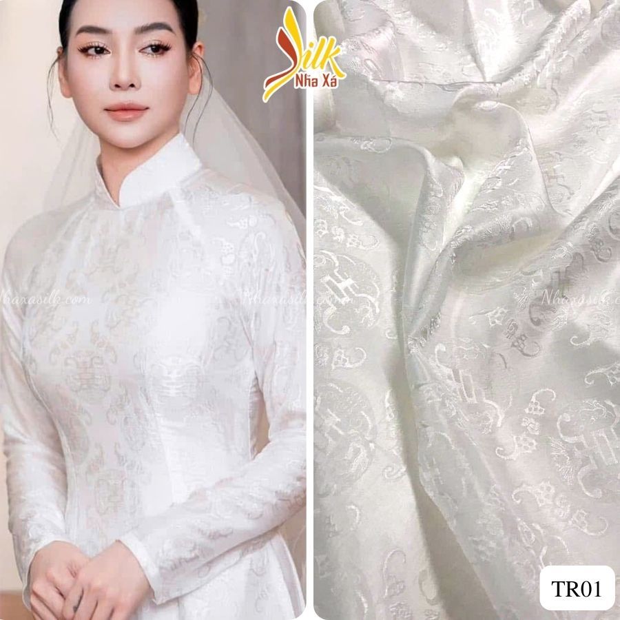 Lụa may áo dài hoa văn thọ dơi màu trắng- Nhaxasilk - TR01 | Shopee ...