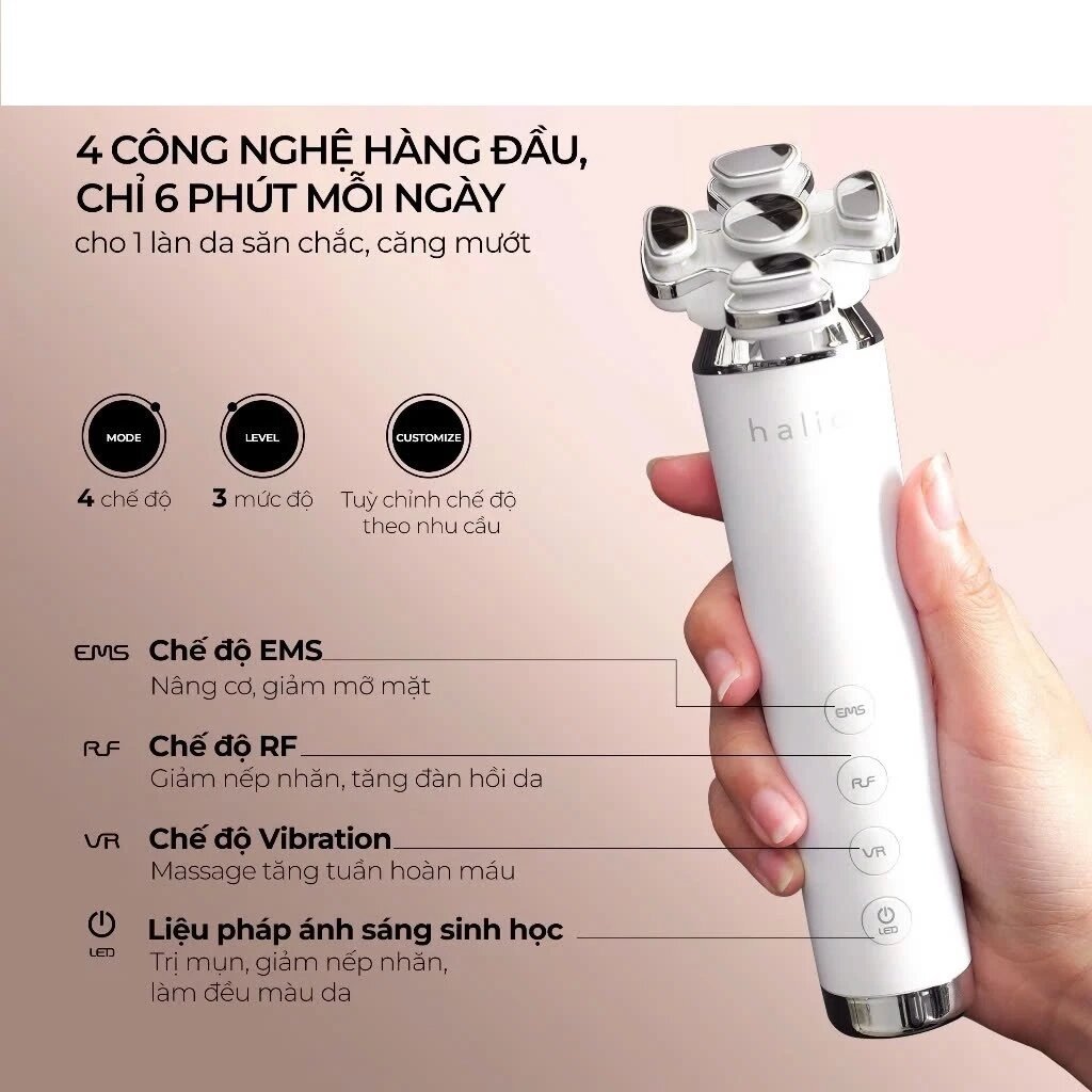 Máy nâng cơ, giảm mỡ mặt & trẻ hoá da kết hợp ánh sáng sinh học Halio RevitaWave Skin Rejuvenator
