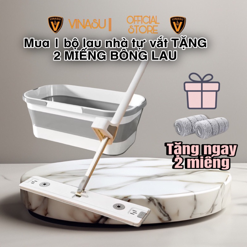 ( 1 BỘ TẶNG 2 BÔNG LAU ) Bộ lau nhà silicon gấp gọn có cây lau tự vắt dài 42cm Vinasu