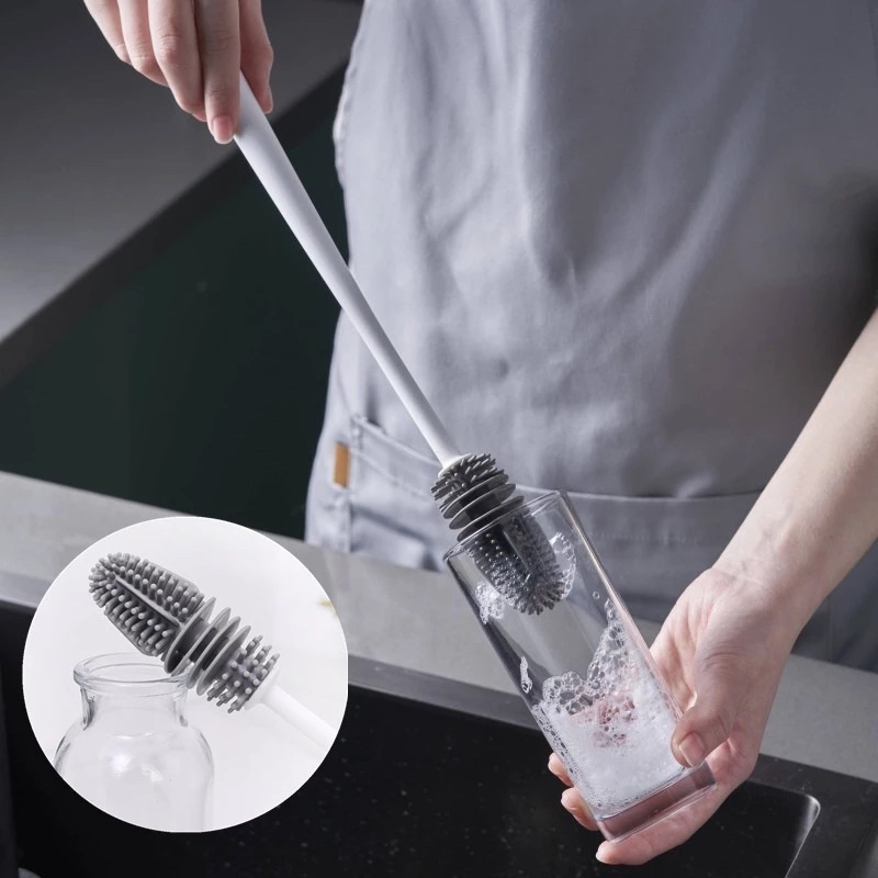 Cây cọ rửa ly, cốc, chai, lọ, bình sữa cán dài, chất liệu silicon mềm dẻo cọ rửa hiệu quả, không gây trầy xước VINASU