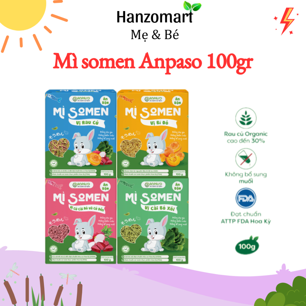 Mì Somen Cho Bé Ăn Dặm Anpaso Vị Rau Củ, Cải Bó Xôi, Củ Cải Đỏ Và Củ Dền, Bí Đỏ 100g