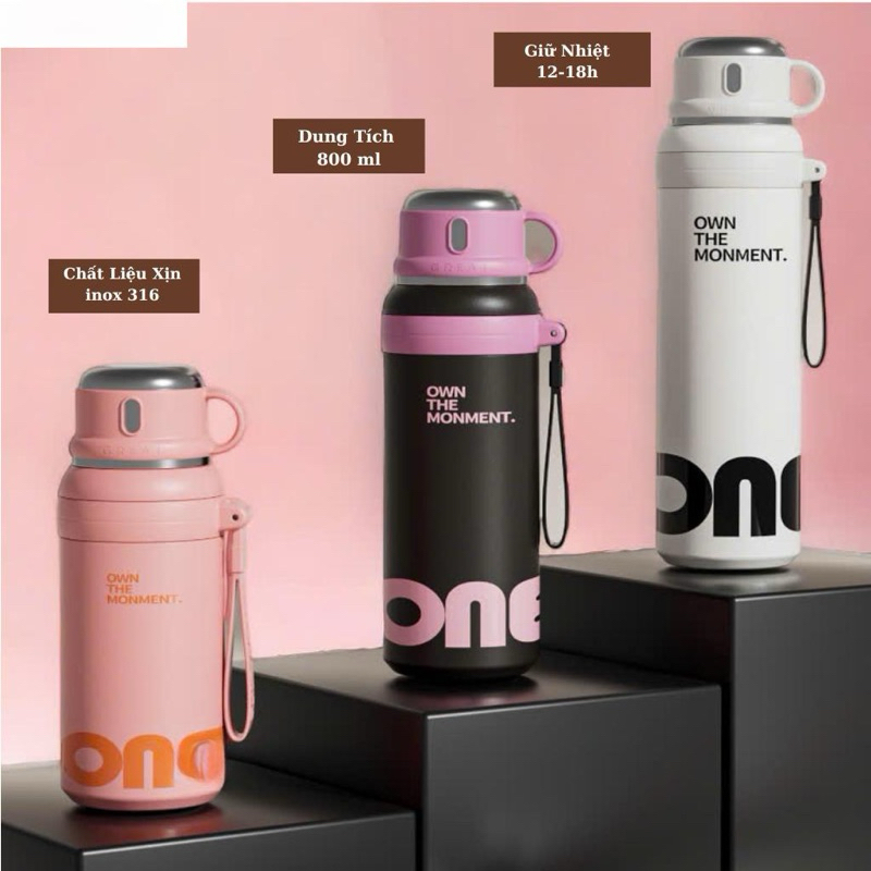 Bình nước giữ nhiệt 2 vị trí uống 800ml, Bằng Inox 316, Nắp thông minh,Giữ nhiệt 12-18h
