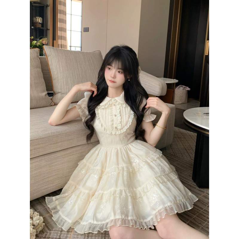 Đầm xoè công chúa cổ tròn phối ren tay bồng ba tâng xoè xinh xắn dự tiệc chụp ảnh sinh nhật -[TLV23] MeME Boutique