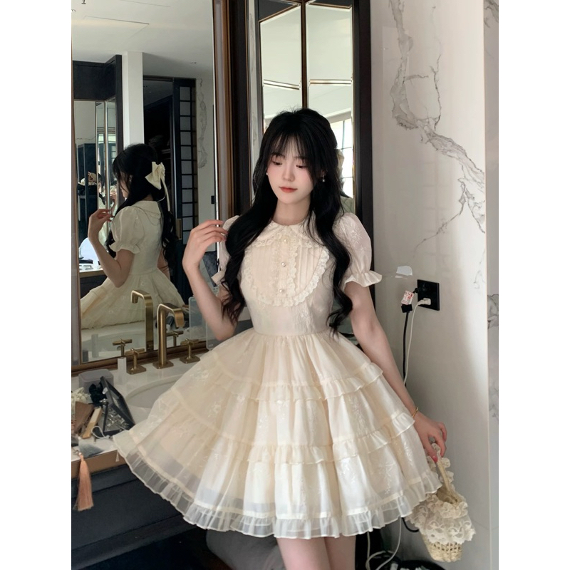Đầm xoè công chúa cổ tròn phối ren tay bồng ba tâng xoè xinh xắn dự tiệc chụp ảnh sinh nhật -[TLV23] MeME Boutique