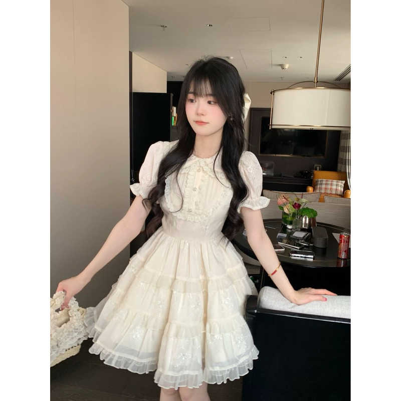 Đầm xoè công chúa cổ tròn phối ren tay bồng ba tâng xoè xinh xắn dự tiệc chụp ảnh sinh nhật -[TLV23] MeME Boutique