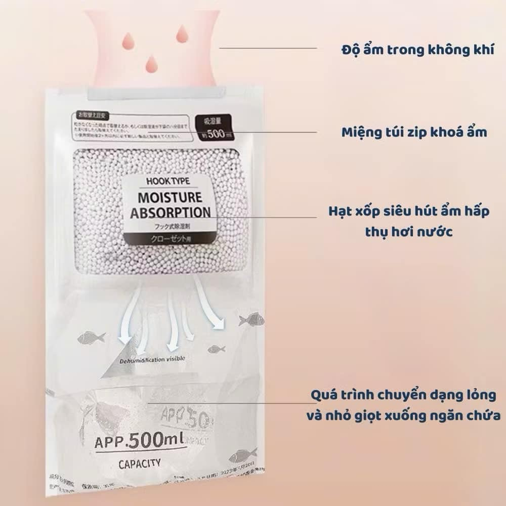 TÚI HÚT ẨM TREO TỦ QUẦN ÁO, TREO PHÒNG CÓ TÚI CHỨA 500ML SIÊU TIỆN LỢI