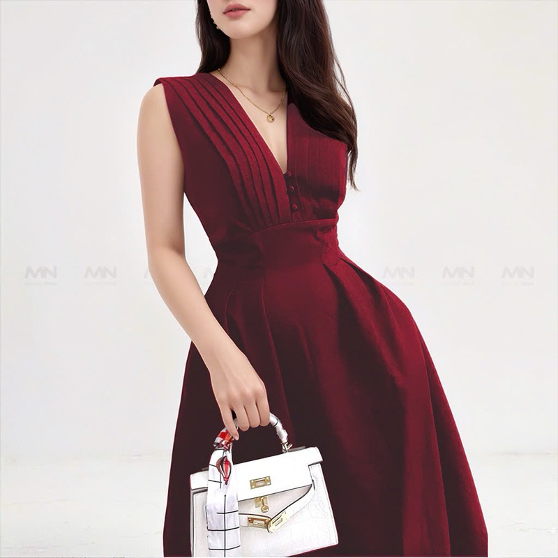Ảnh Đầm dự tiệc MINA thiết kế dáng suông midi chất Cotton màu đỏ đô MN182 1