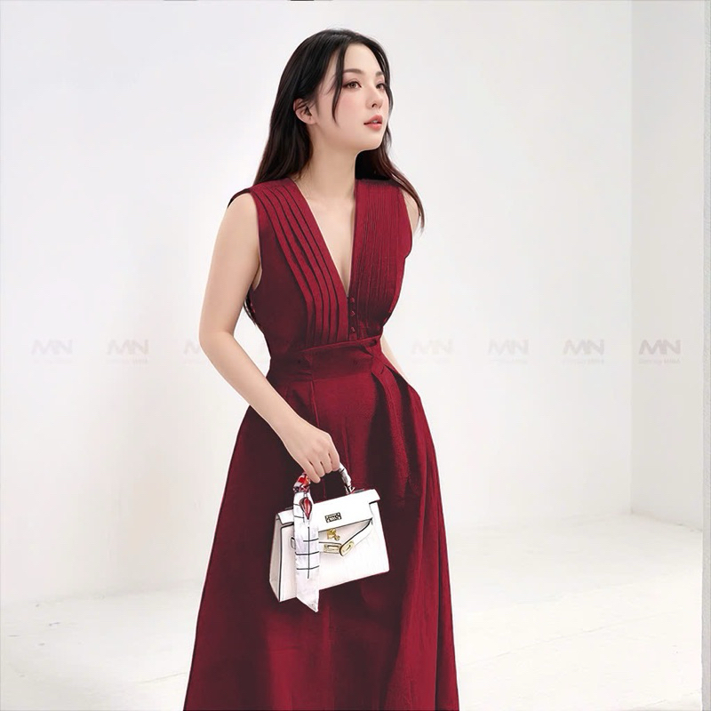 Ảnh Đầm dự tiệc MINA thiết kế dáng suông midi chất Cotton màu đỏ đô MN182 2